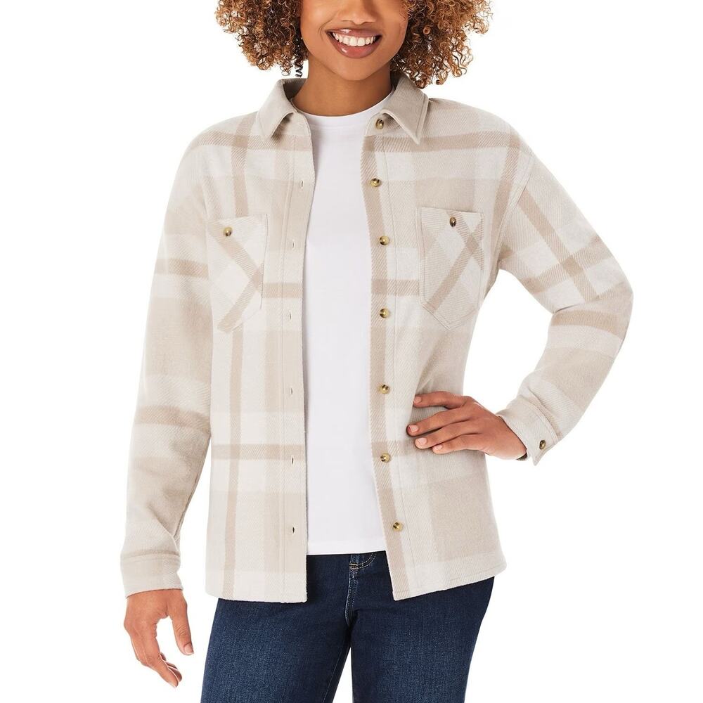 MEMBER'S MARK Cozy Button-Down Relaxed Shirt Neutral Plaid Soft Stretch Small‎